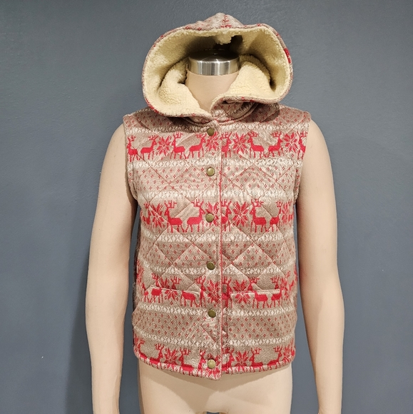 Free People Jackets & Blazers - FREE PEOPLE Women Fair Isle Reindeer Hooded Quilted Red Beige Vest S